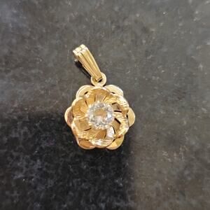Vintage Gold Tone Flower Pendant Clear Round Stone Textured Petals Charm Drop